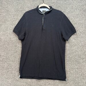 7Diamonds Polo Shirt Men Medium Navy Blue Banded Collar Grandad Neck Tipped Trim